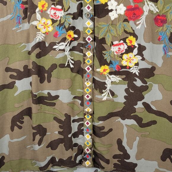 2X Boho Chic Button Top Roll Tab Sleeve Camo Colorful Embroidery Floral Andree - Picture 3 of 13